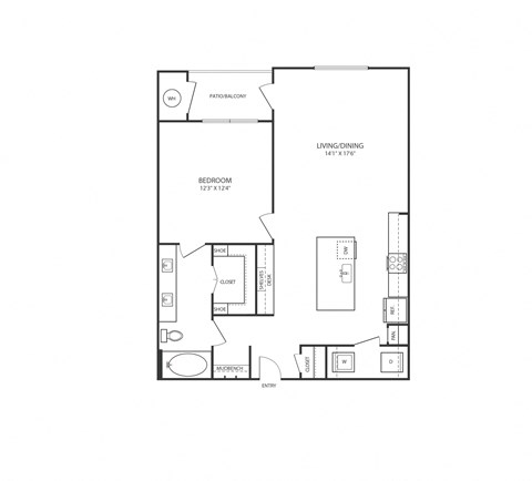 Floor plan for 1 bed, 1 bath, 887 sqft